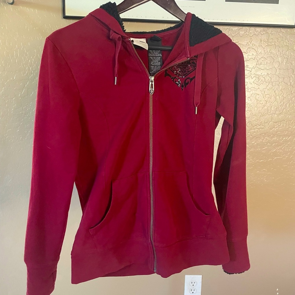 Harley Davidson red hoodie, lined hood and cuffs, size Small